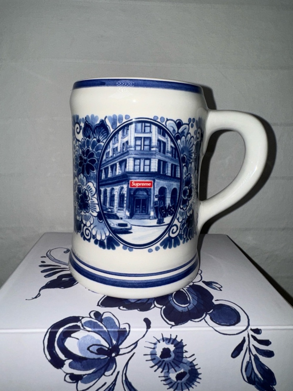 Supreme White Ceramic Mug with Blue Floral Cityscape ‘brewery’